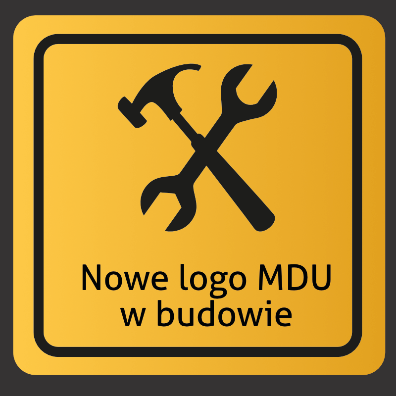 Grafika z narzędziami informująca, że logo MDU jest w budowie