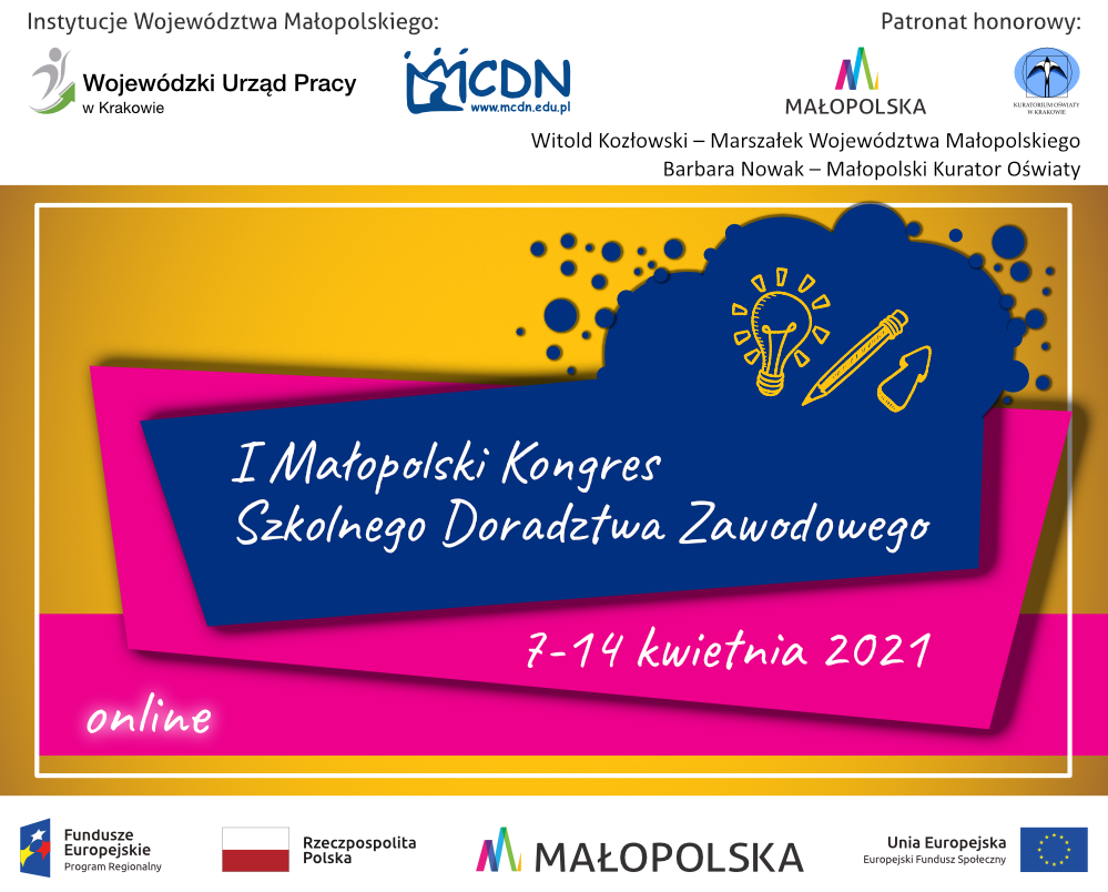 Banner reklamowy 1 Małopolskiego Kongresu Szkolnego Doradztwa Zawodowego, 7-14 kwietnia 2021, online.