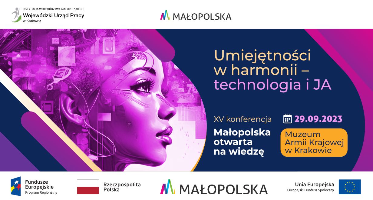 Reklama 15 konferencji "Małopolska otwarta na wiedzę" - Umiejętności w harmonii - technologia i JA. 29 września 2023. Muzeum Armii Krajowej w Krakowie