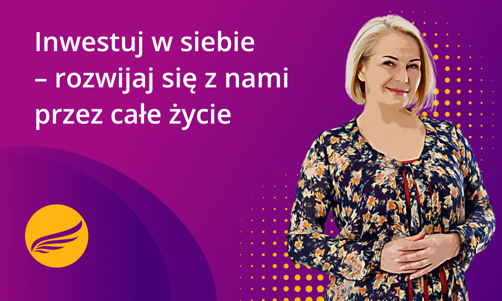 Uśmiechnięta kobieta z napisem Inwestuj w siebie – rozwijaj się z nami przez całe życie prowadzi do artykułu o możliwościach rozwoju kompetencji w małopolsce