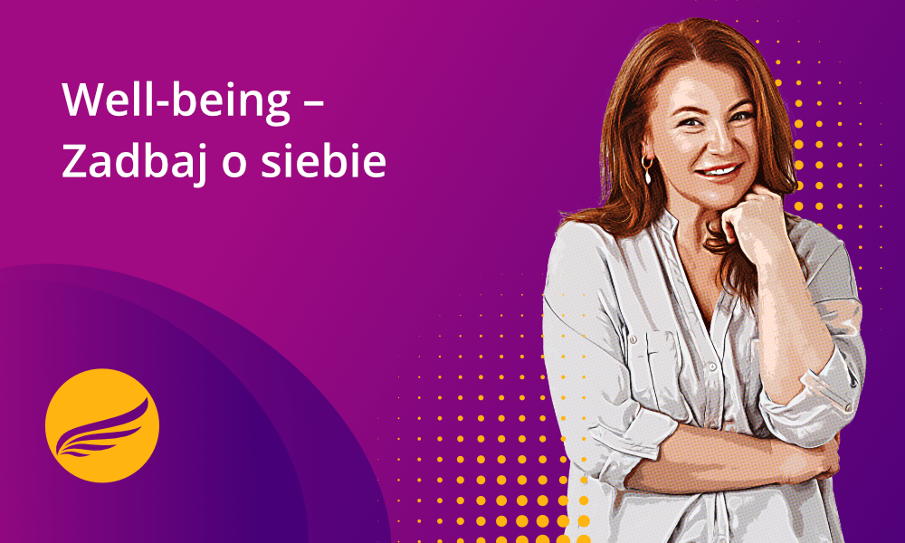 Uśmiechnięta kobieta z napisem Well-being – Zadbaj o siebie prowadzi do artykułu o well-being