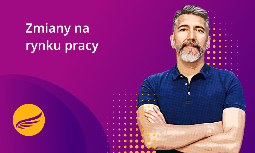 Mężczyzna w średnim wieku z napisem zmiany na rynku pracy, prowadzi do artykułu o cyfryzacji na rynku pracy