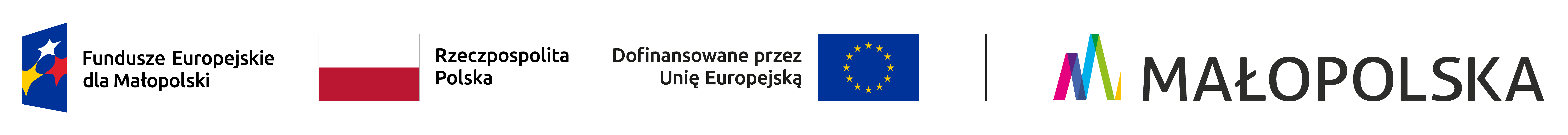 Zestawienie logotypów zawierające od lewej: znak Fundusze Europejskie dla Małopolski, flaga Rzeczypospolitej Polskiej, flaga Unii Europejskiej z podpisem dofinansowane przez Unię Europejską, logotyp Małopolska.