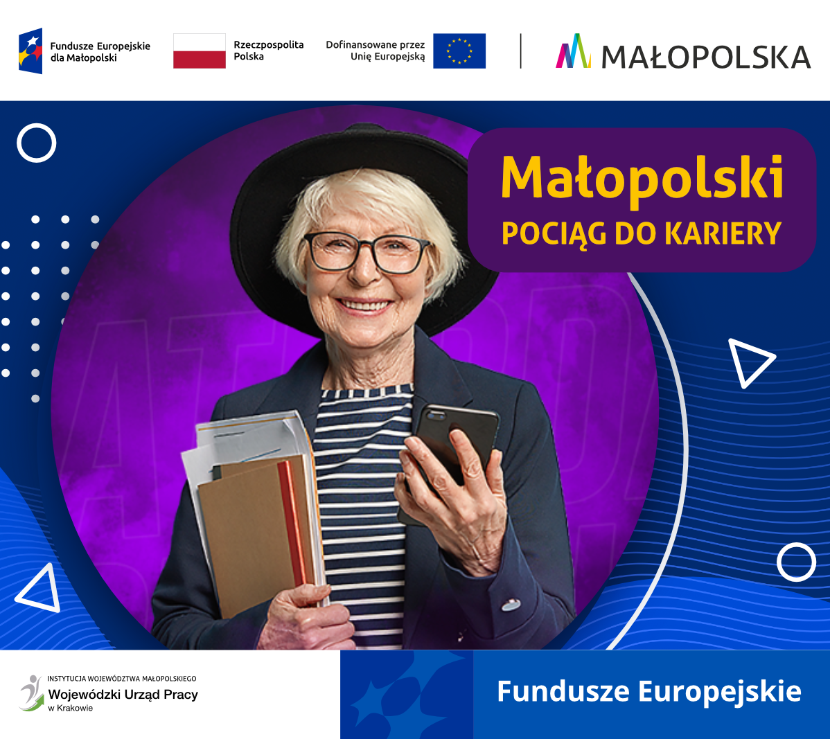 Starsza kobieta w kapeluszu i ze smartfonem w dłoni, napis małopolski pociąg do kariery