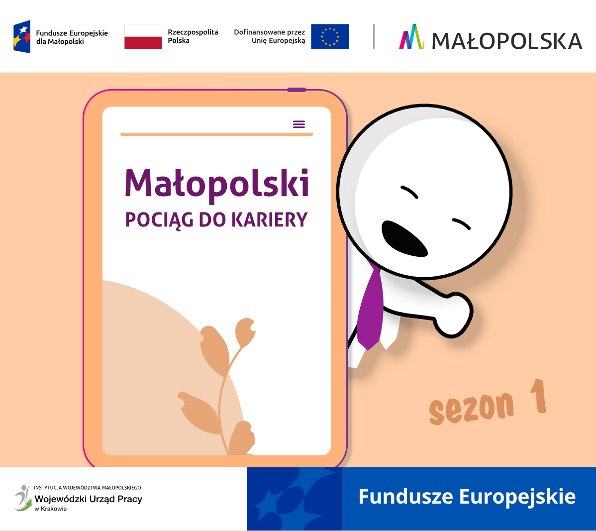 rysunkowy ludzik z tabletem, napis małopolski pociąg do kariery