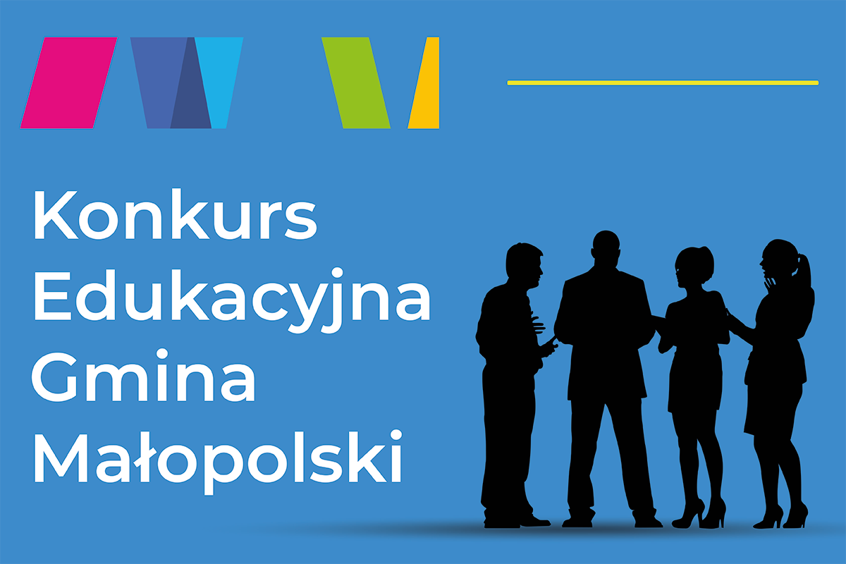 Sylwetki rozmawiających ludzi, napis Konkurs Edukacyjna Gmina Małopolski