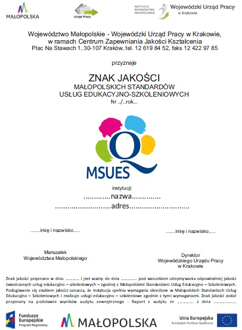 Wzór papierowego dokumentu, potwierdzającego przyznanie znaku jakości MSUES 